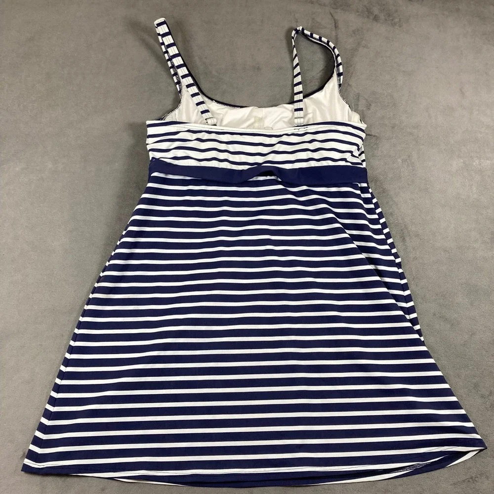 Lands End Navy Blue White Striped Swim Dress Underwire 10P Nautical Swimwear